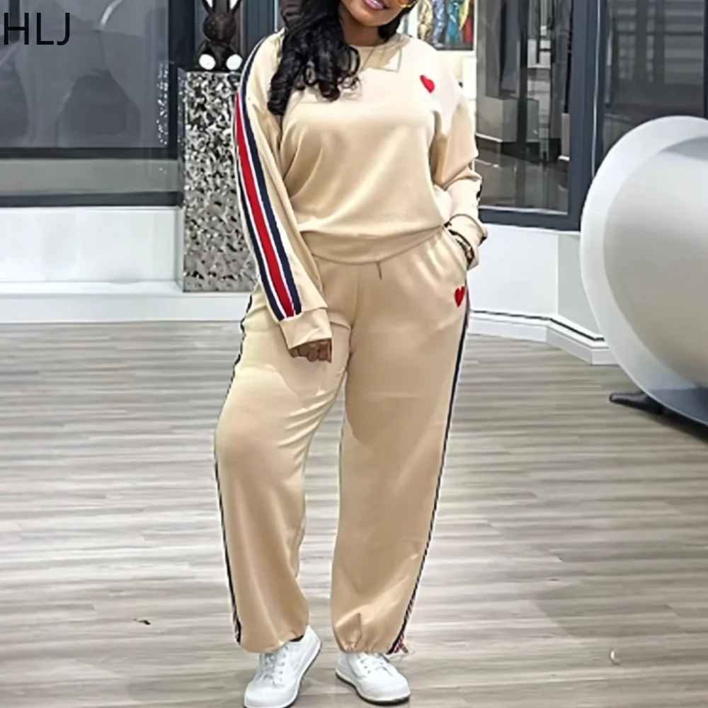 

HLJ Spring New Stripe Print Patchwork Two Piece Sets Women Round Neck Long Sleeve Top And Jogger Pants Outfits Casual Tracksuits