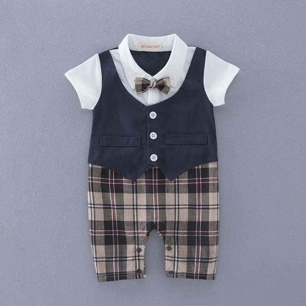 

Summer New Arrival Handsome Plaid Style Short Sleeves False Two Pieces Baby Boy's Jumpsuits/Baby Romper/Kids Clothes 3185