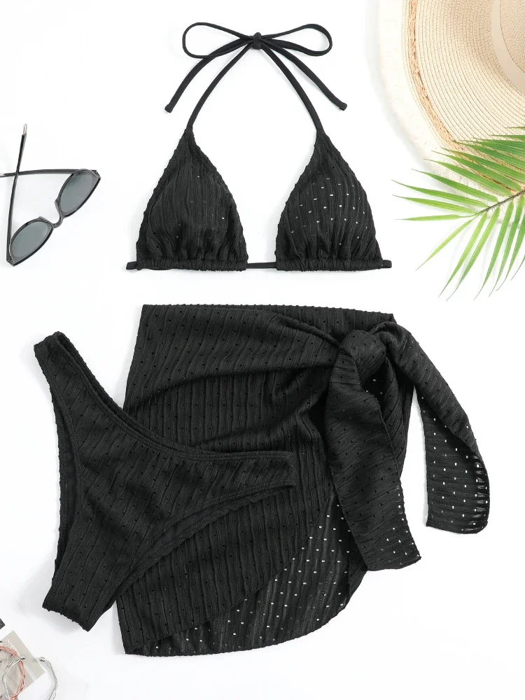 Conjunto de 3 piezas de traje de baño para mujer, traje de baño con Tanga, conjunto de microbikini Sexy con falda tipo Sarong, ropa de playa blanca, traje de baño rosa 2023