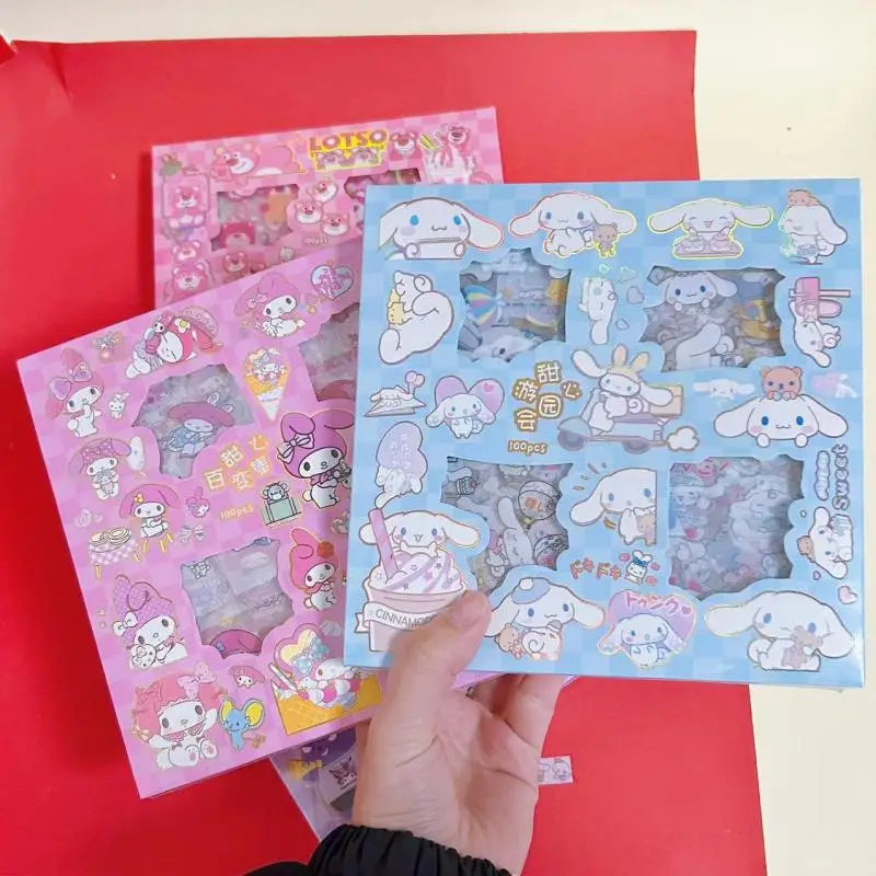 100pcs Sanrio Stickers Kawaii MyMelody Kuromi Cinnamoroll Japanese Children\'s Cartoon DIY Sticker Gift Box Tape