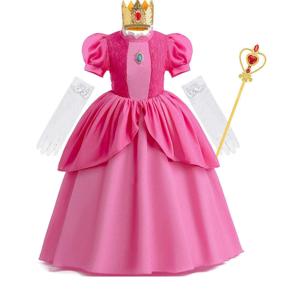 Cosplay Peach Costume for Girl Summer Bubble Sleeve Princess Elegant Dress Kids Halloween Christmas Party Dress Children Clothes