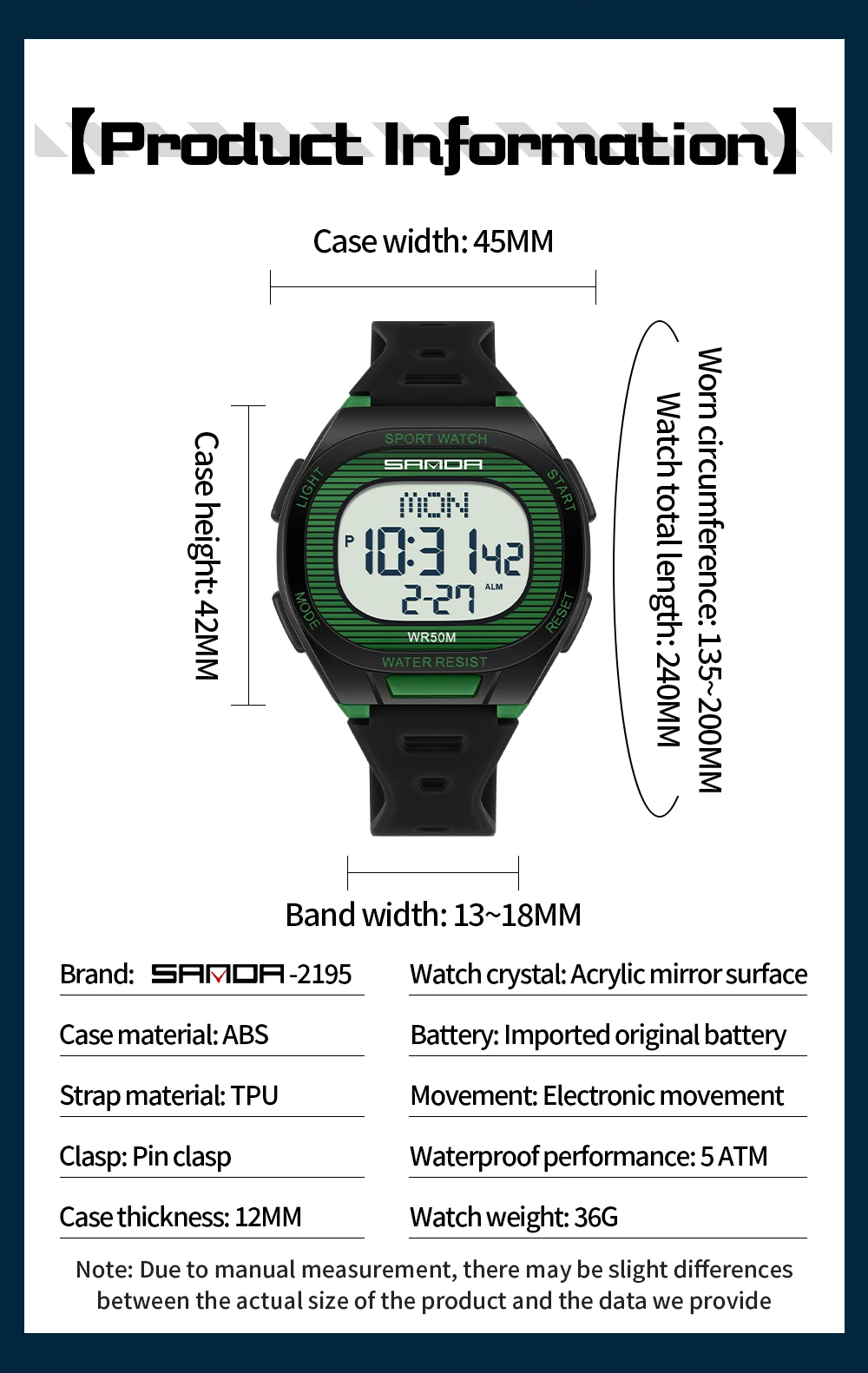 SANDA New 2195 Fashion Student Electronic Watch Sports Multi functional Waterproof LED Student Square Electronic Watch 2025