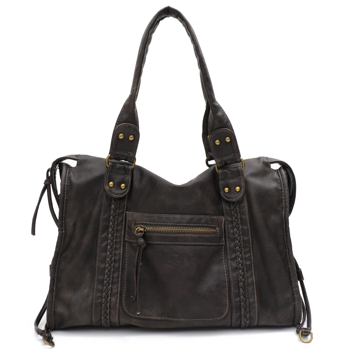 Vintage Gewassen Pu Leer Grote Capaciteit Draagtas Met Rits Gevlochten Decor Schouder Crossbody Tas Unisex Vrouwen Dagelijkse Reishandtas