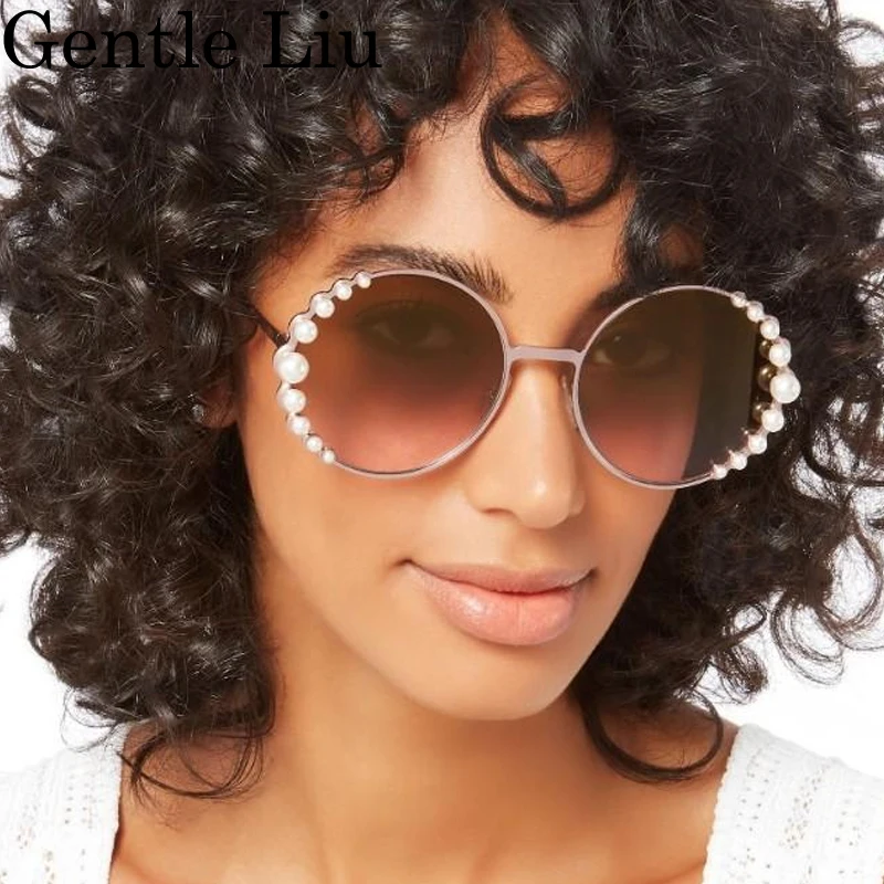 Oversized Round Sunglasses Women 2025 Luxury Brand Metal Frame Imitation Pearl Sun Glasses For Lady Trendy Shades Eyewear UV400