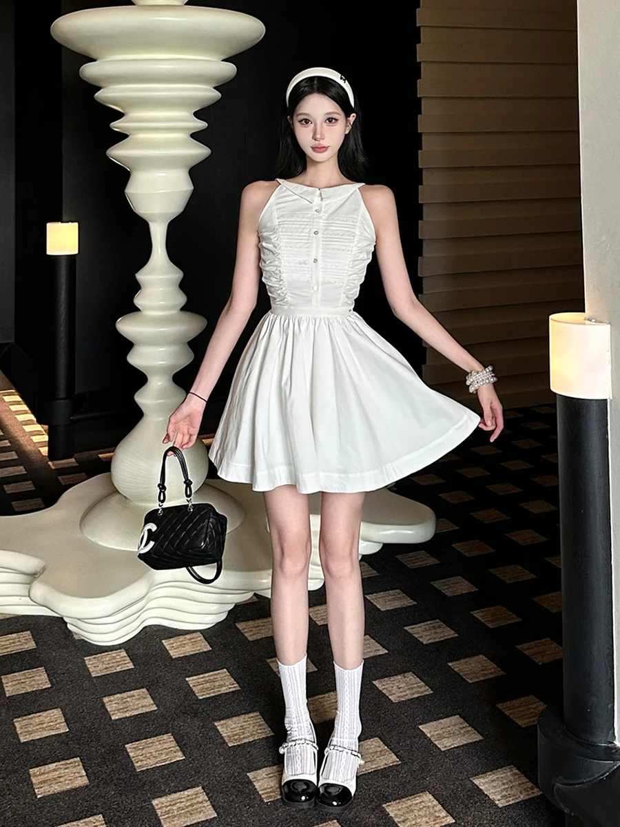 فستان صيفي نسائي من REDDACHiC أنيق بياقة بدون أكمام من الدانتيل مطوي على شكل حرف A فستان قصير رومانسي لعيد الحب قطعة واحدة