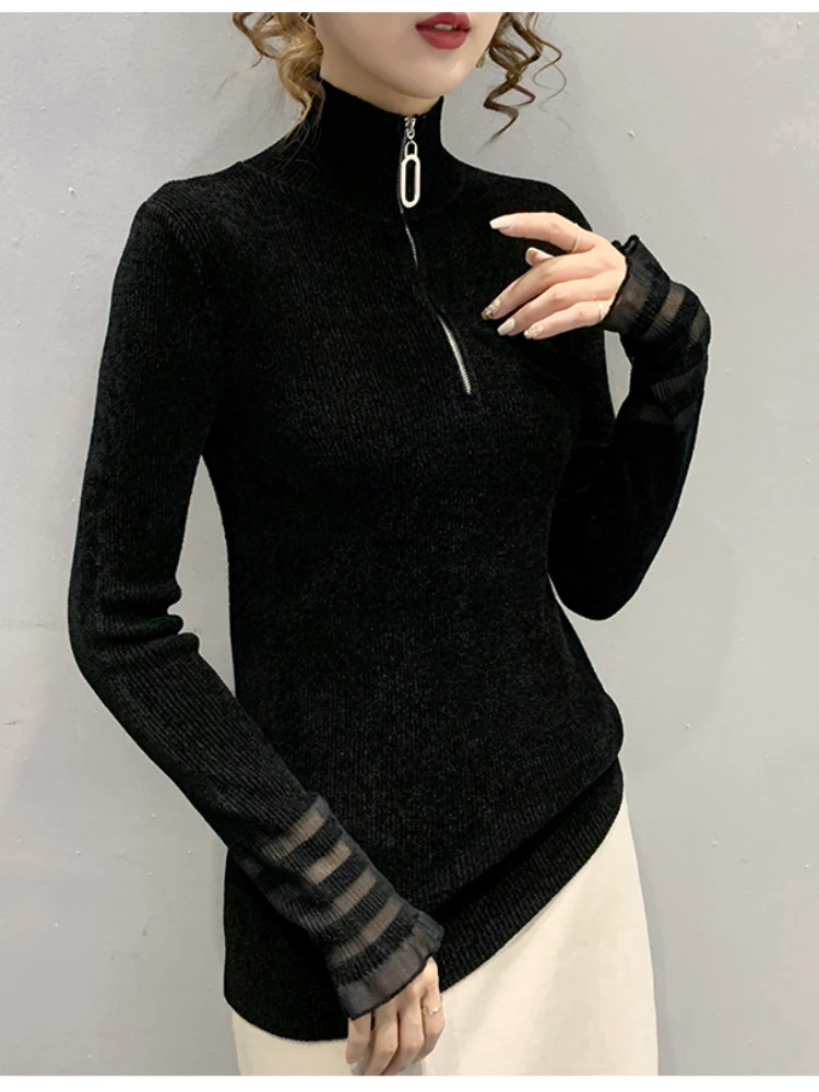 Pullover Sweater Women's Velvet Black Zipper Turtleneck Solid Color Lace Long Sleeve Slim Autumn and Winter Bottoming Shirt Top