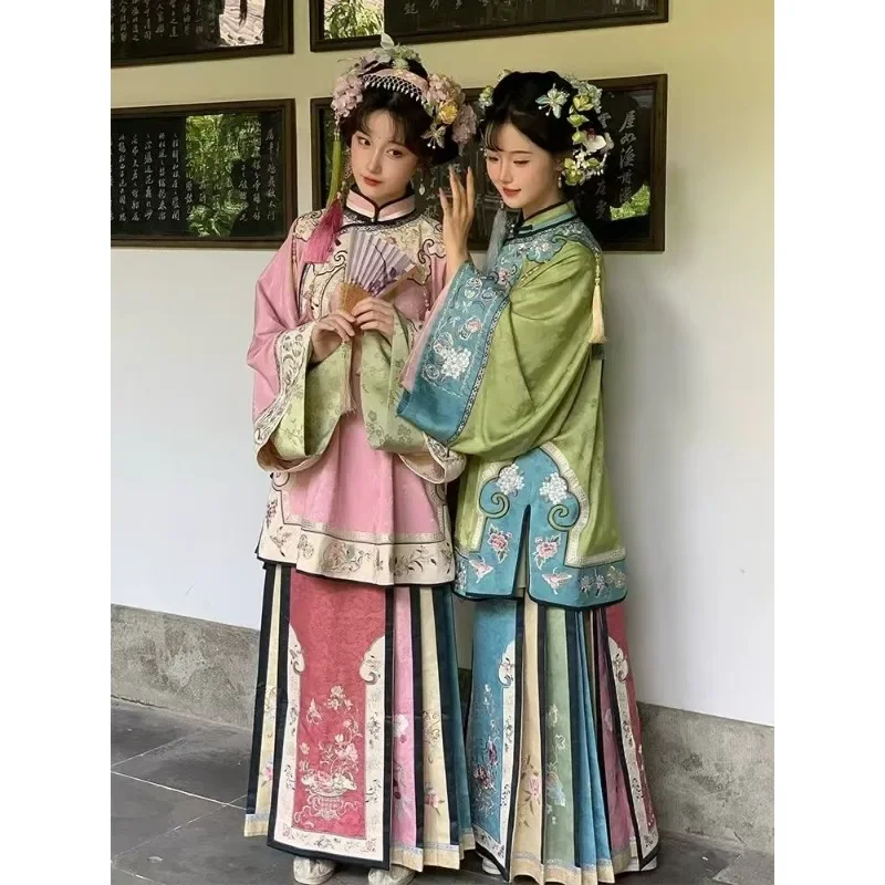 Women Qing Dynasty Style Costumes Green Long Sleeved Printed Top Colorful Horse Faced Skirt Two Piece Hanfu China Online Store