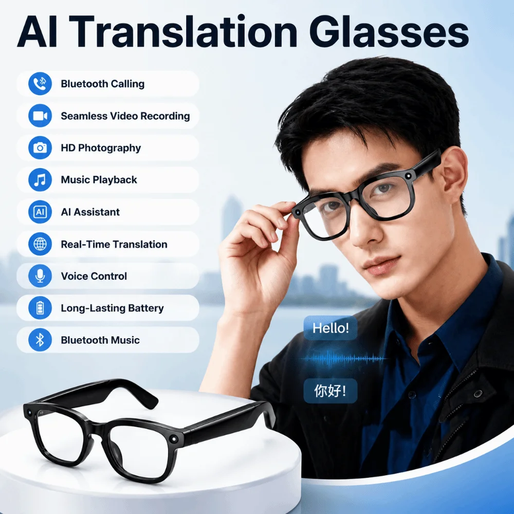 Real-time Translation AI Smart Glasses Anti-Blue Light Wearable Tech Smart AI Glasses 1080P Video Recording Waterproof