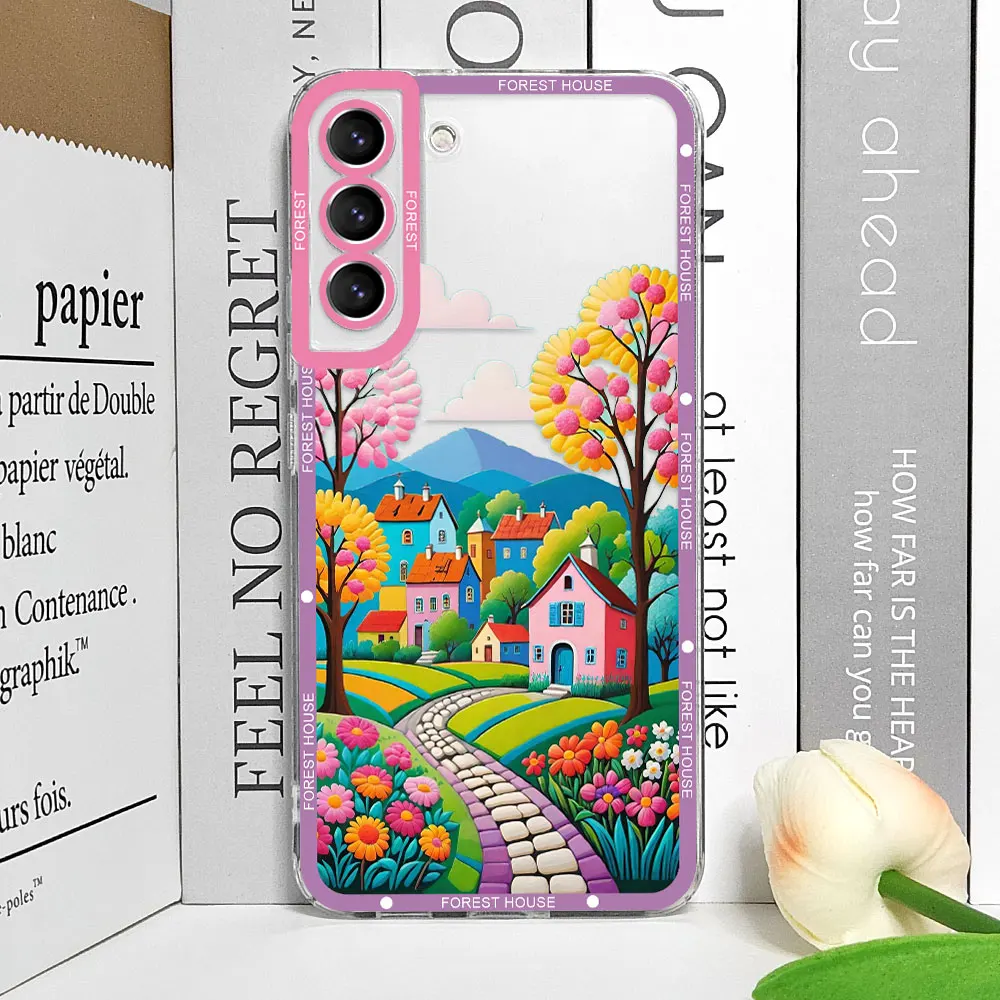 Handbemalte Waldhaus-klare Handyhülle für Samsung A55 A54 A53 A51 A70 A32 A31 A22 A13 4G 5G Soft Cover Ästhetische Kunst Fundas