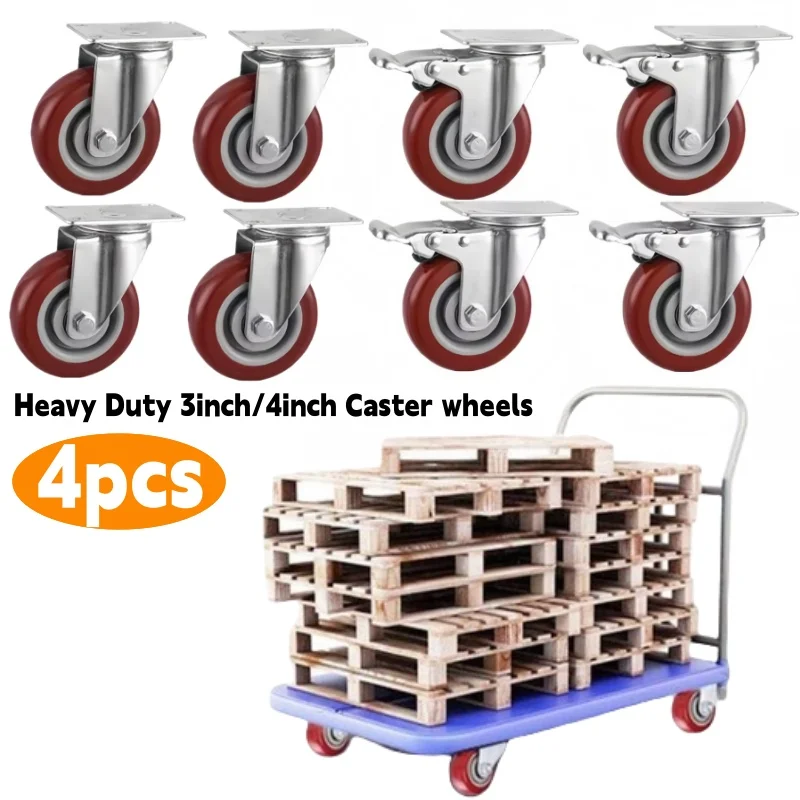4Pcs 3 Inch/4 Inch Heavy Duty Caster with Brakes 360-degree Bearing Plate Swivel Wheel for Furniture Trolley and Workbench Cart