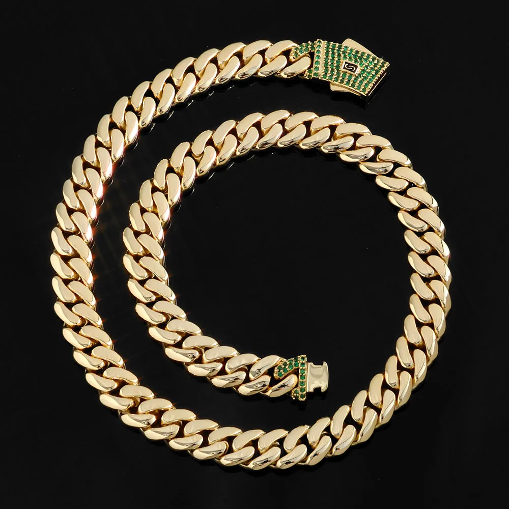 

HHIOK Новая 12/15 мм Монако 14-каратная позолоченная кубинская цепочка ледяного зеленого цвета 5А с кубическим цирконием в стиле хип-хоп, блестящее кубинское ожерелье