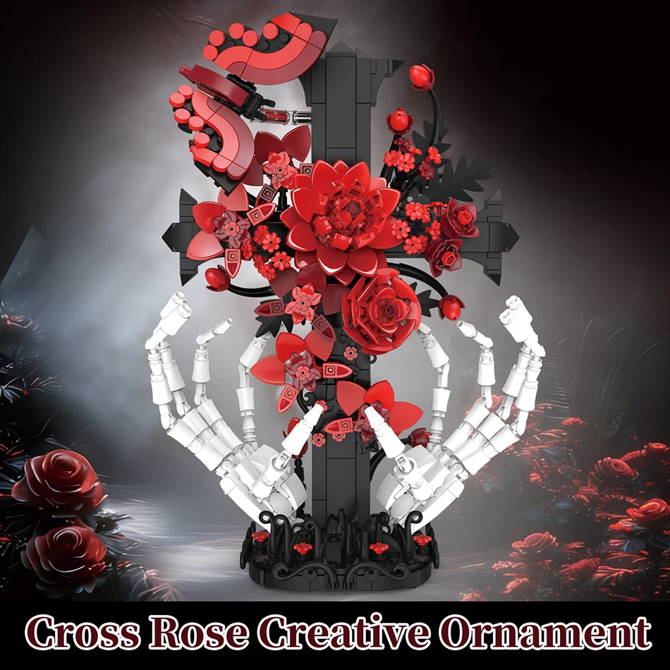 

Готический крест с розой и скелетной рукой, конструктор, роза, цветок, похоронный череп, темный роман, кирпичики, игрушка, подарок на День святого Валентина для взрослых