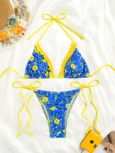 Imagen 1 del producto 2025 Bikini triangular con cuello Halter para mujer, traje de baño estampado para mujer, traje de baño azul Sexy para bañistas, traje de baño para nadar, ropa de playa