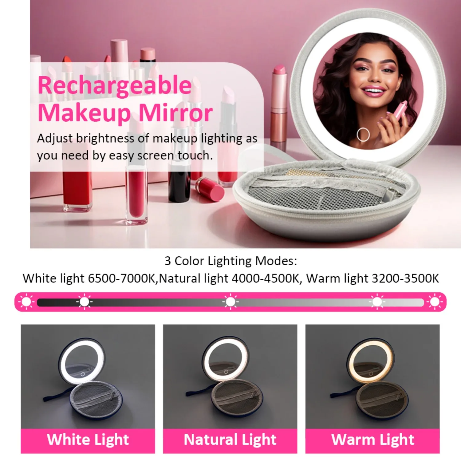 Portable Leather Makeup Mirror - Touch Dimming, Built-In Lipstick Storage, Rechargeable with Hanging Strap