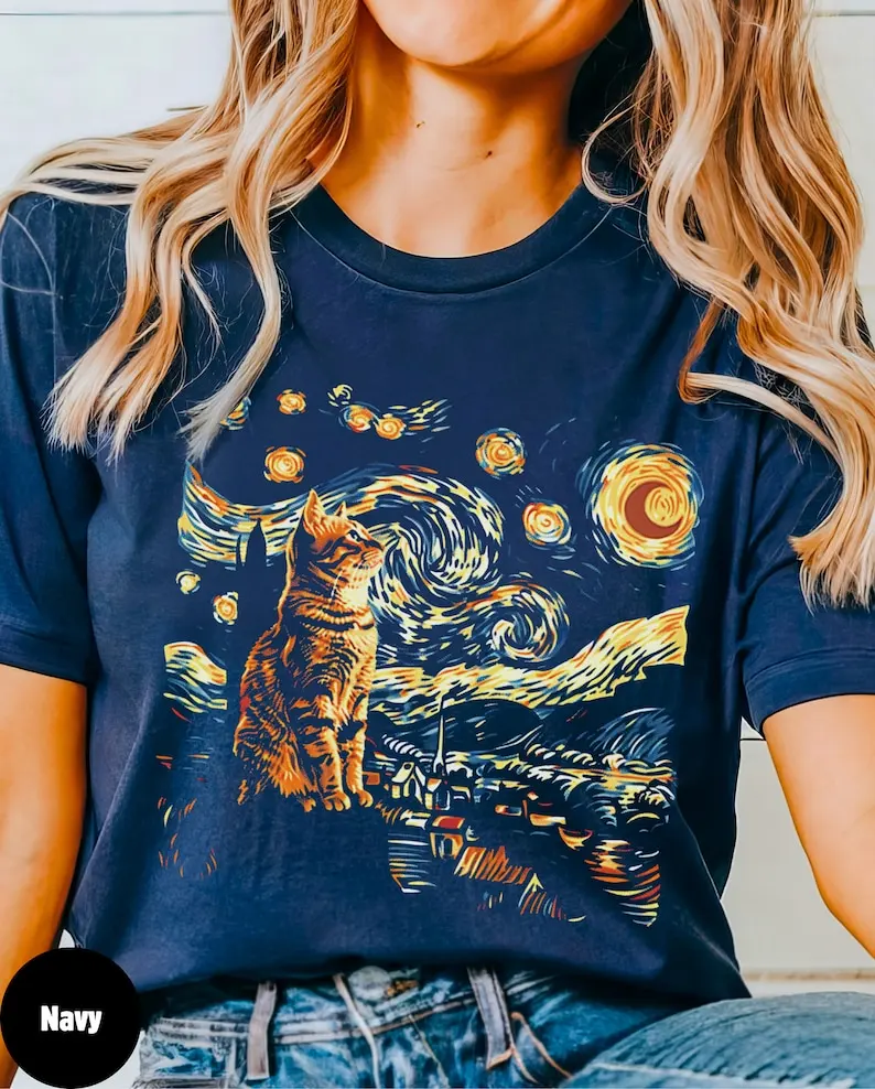 Cat Starry Night shirt, Cat Tee, Van Gogh, Cat Gift, Vintage T-Shirt, Vincent Van Gogh Shirt