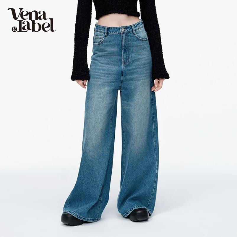 Vena Label Wide Leg Jeans Women Vintage Streetwear Washed Denim Pants Basic Blue Trousers Femme Spring WA056