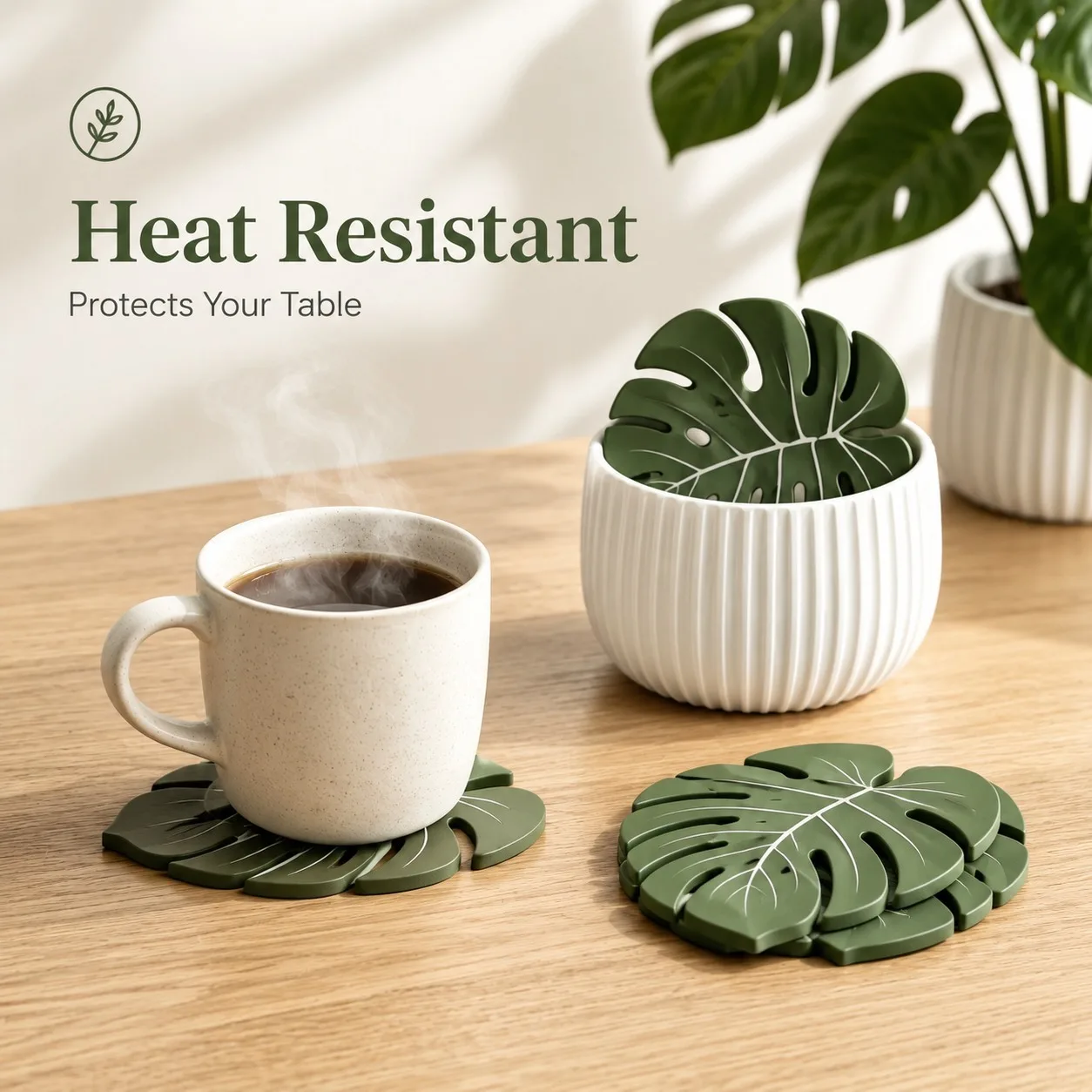 Monstera Plant Coasters 3D Printed Leaf Coaster Set Non Slip Heat Resistant Mat Home Decor Office Kitchen Table - view 5