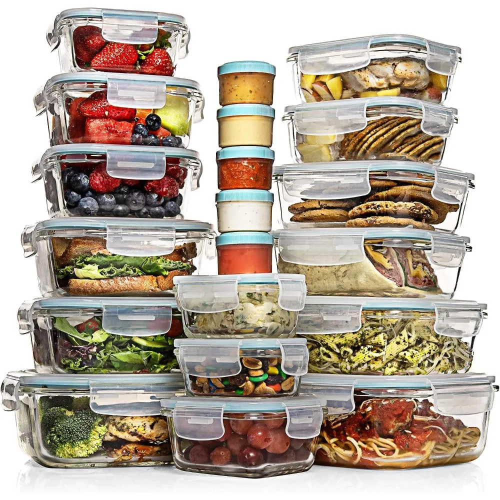 

35 Pc Set Glass Food Storage Containers with Lids - Meal Prep Airtight Bento Boxes BPA-Free 100% Leak Proof (15 lids