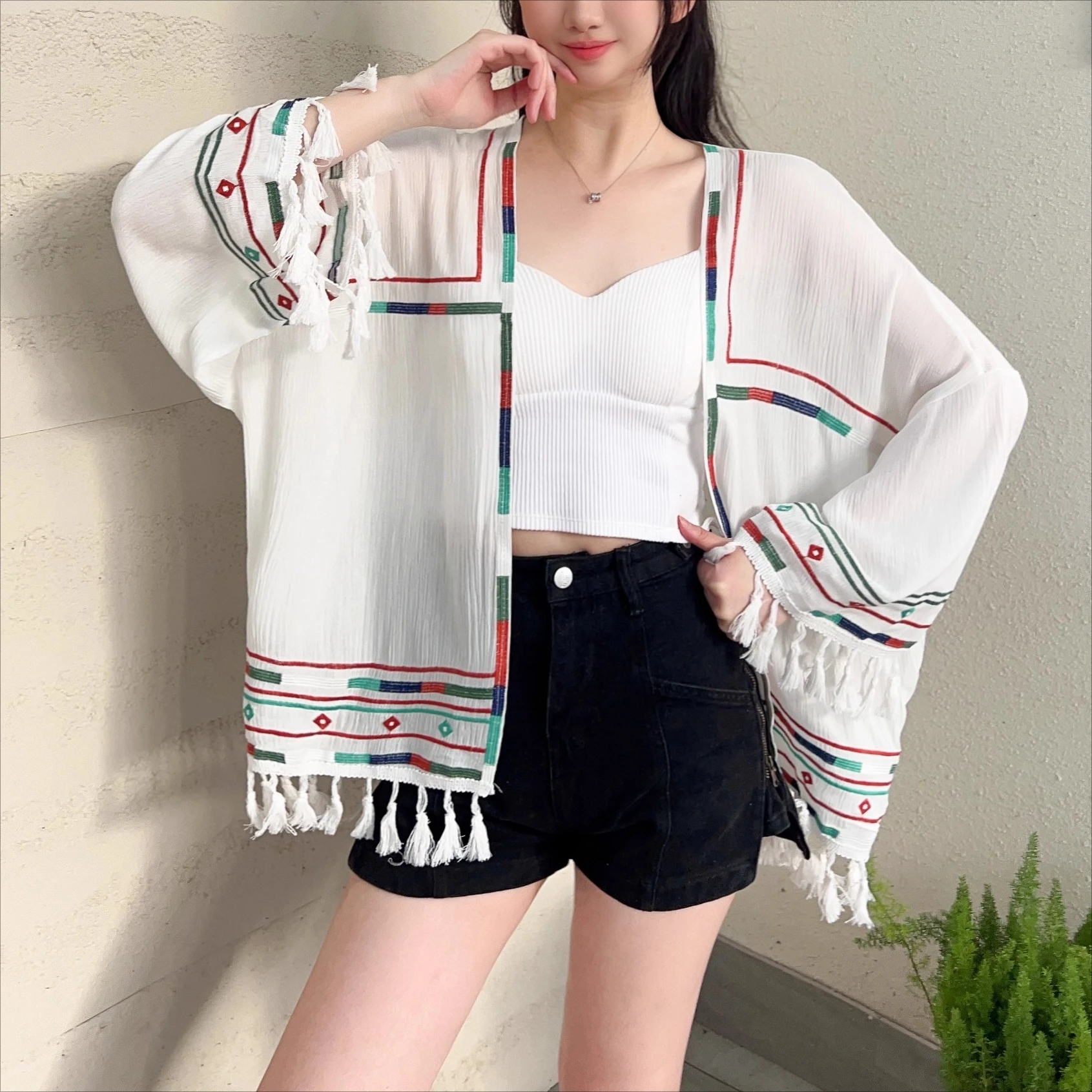 

Women Ethnic Embroidered Shirts Long Sleeve Autumn Blouse Fringe Beach Cover Up