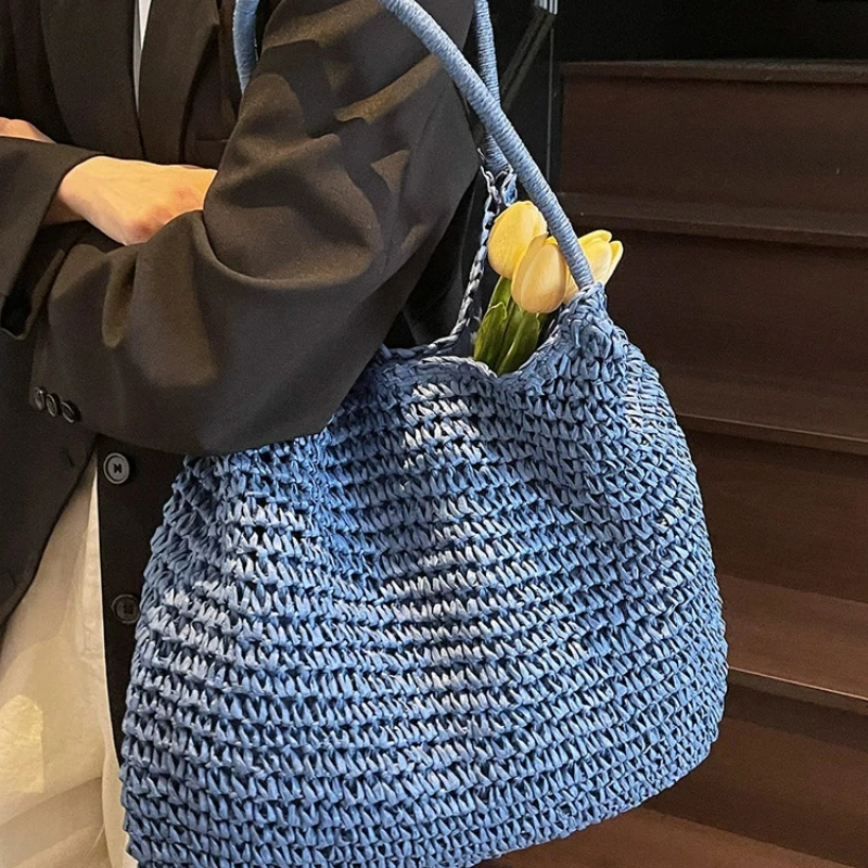 Women Straw Bag Tote Handbag Large Capacity Vintage Shoulder Bag Solid Color Simple Weaving Handbag Ladies Summer Daily Bag