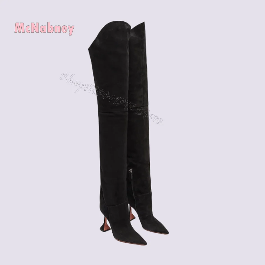 Pointed Toe Leather Over The Knee Boots Zipper Crystal Heel Boots for Women Party High Heel Boots 2024 New Zapatos Para Mujere