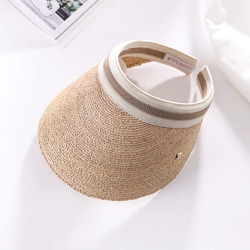 Raffia Straw Visor Hat for Women Wide Brim Summer Sun Hat with Adjustable Headband UV Protection Beach Cap Open Top Sun Visor