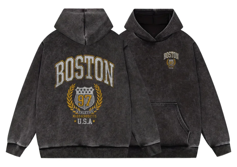 

Boston 97 Atletics Usa Man Vintage Washed Cotton Hoodie Fashion Pullover Loose Fleece Hoodies Autumn Casual Clothing