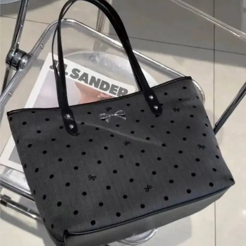 Bloom Sweet Cool Black Tote Women College Style Trendy Bow Print Large Capacity Handbag Ladies Vintage Shopping Bag Y2k