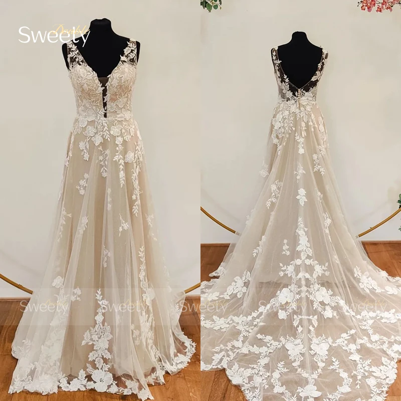 Elegant A-Line Floor Length Wedding Dress Organza With Embroidery Lace Ball Gown V-Neck Sleeveless Bridal Dress Backless Button