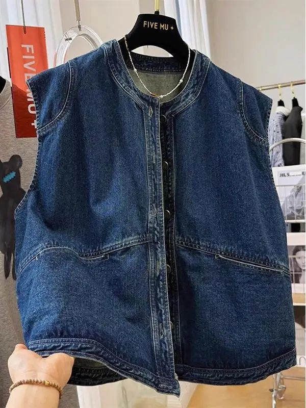 

Джинсовый жилет в американском стиле больших размеров, летний круглый многослойный топ с колючками и плечами, верхняя одежда, повседневная свободная посадка