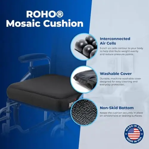 Mosaic Seat Cushion 18” x 16” Inflatable Air Cell Design, Adjustable Firmness, Non-Skid Cover, Lightweight Portable