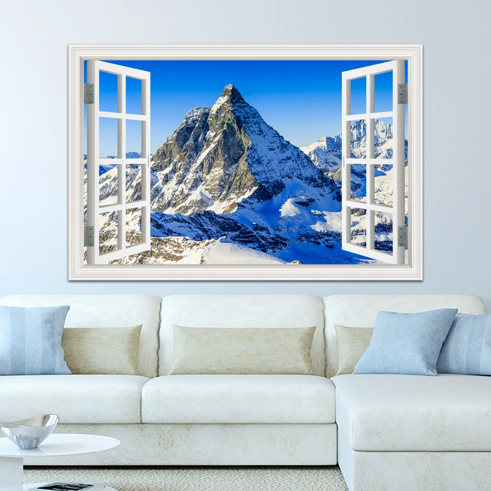 Vinyl Decal Art Fake Window Wallpaper Kitchen Bedroom Decor Snow Mountain Lake Winter Lake Modern Landscape 3D Wall Sticker