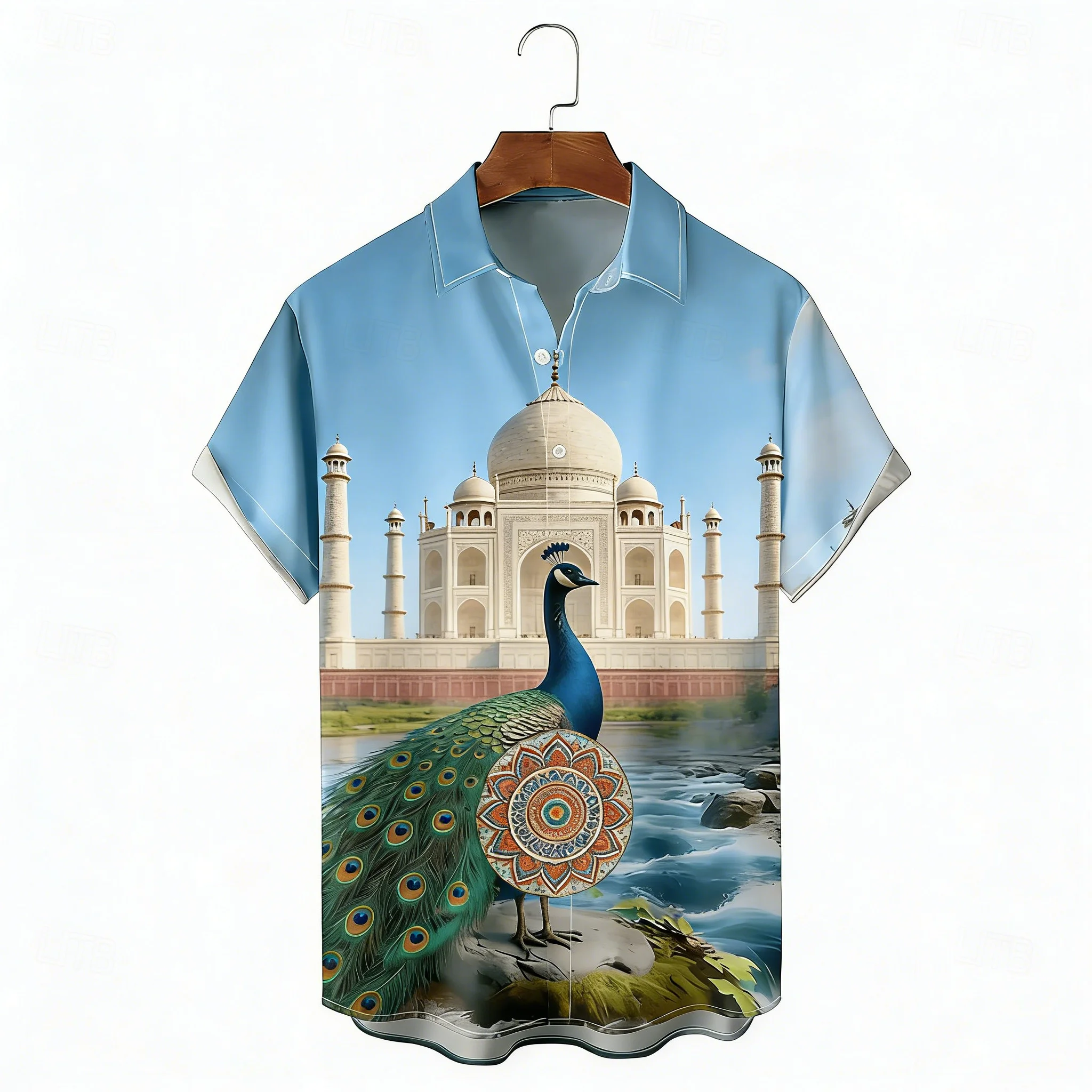

Men's Spring Ethnic Shirt, Peacock and Taj Mahal with Ornate Mandala Print, Casual Short Sleeve Button Up for Travel & Beach
