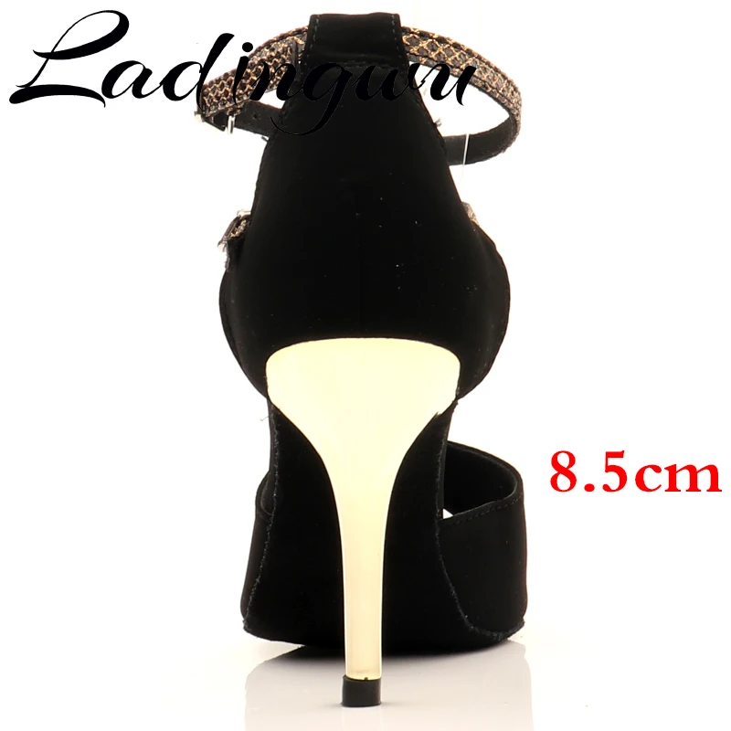 Ladingwu Hot Selling Flannel Black For Women Salsa Dance Shoes Soft Bottom Latin Tango Samba Dance Shoes High Heels 7.5cm 8.5cm