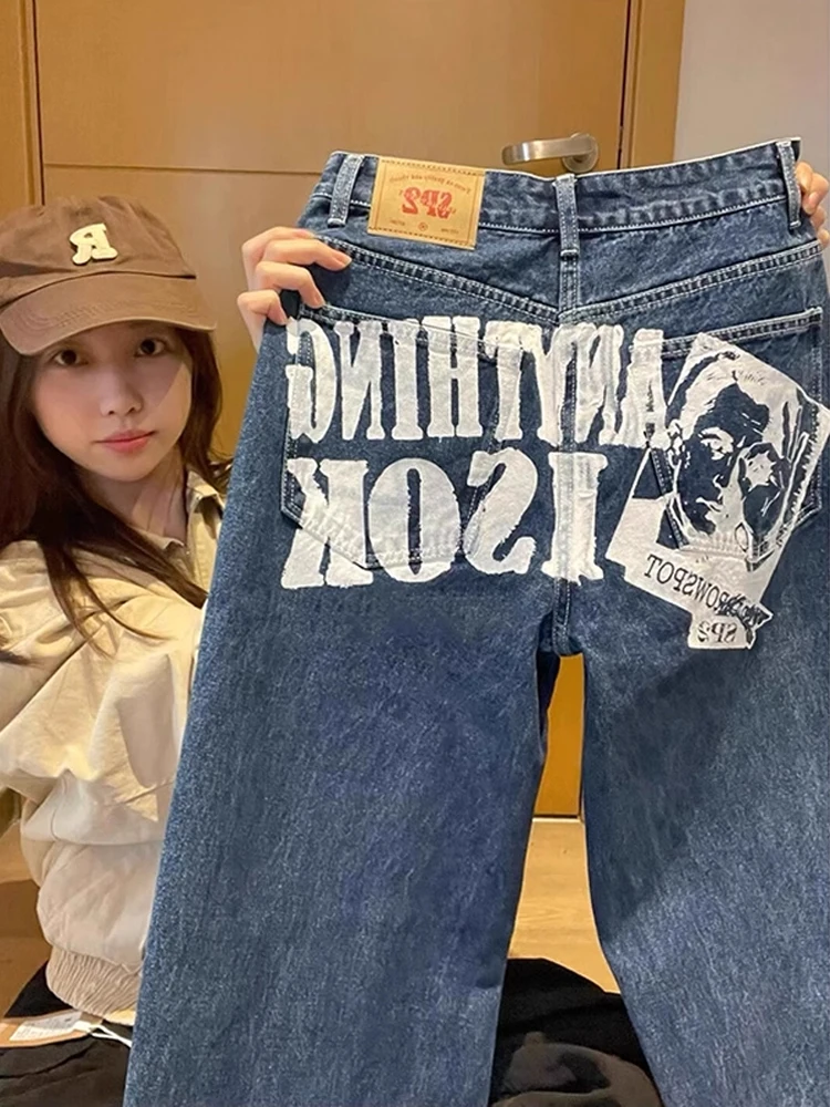 جينز رجالي كاجوال مطبوع باللون الأزرق الداكن بنطال جينز أمريكي واسع الساق بطول الأرض وفضفاض مستقيم من قماش الدنيم