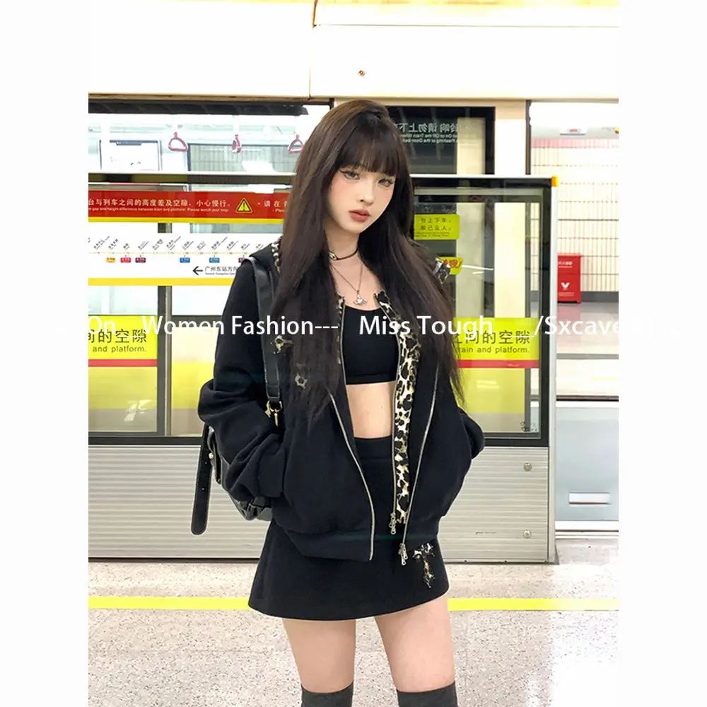 2000s American Vintage 2 Piece Skirt Sets Women Casual Y2k Leopard Jacket Coats with Hooded + Mini Skirts Black Gothic Harajuku