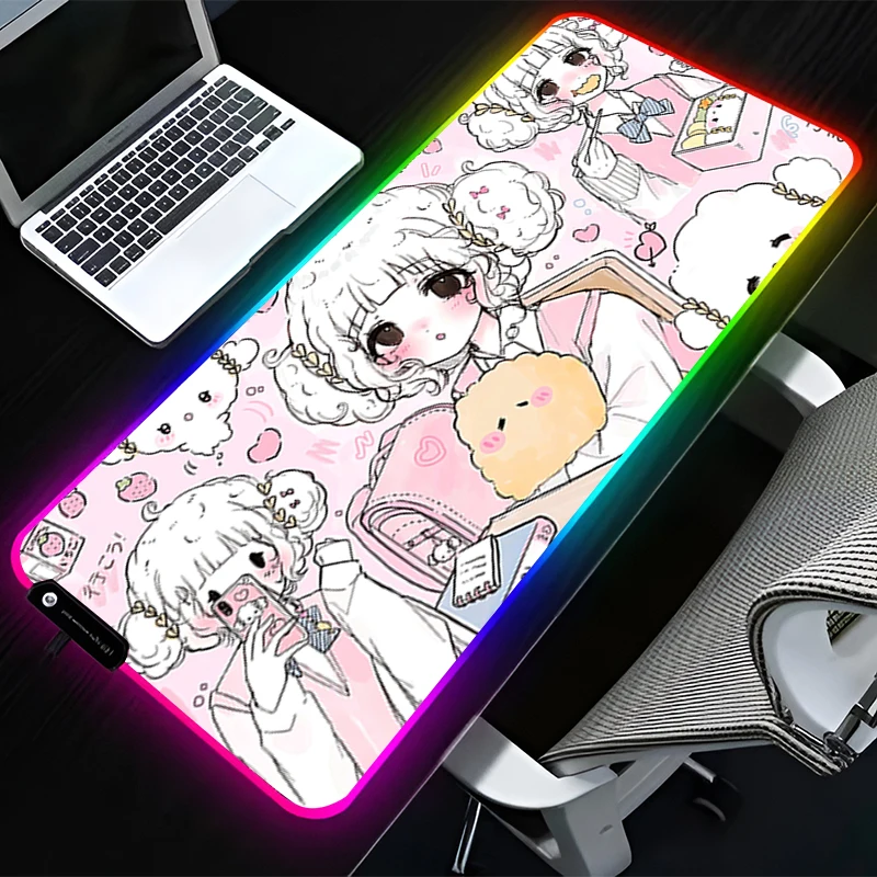 

RGB LED Mouse Pad Computer Desk Accessories Mouse Mat Rubber HD Keyboard Pad Non Slip Mousepad Pink Illustration Girl Desk Mat