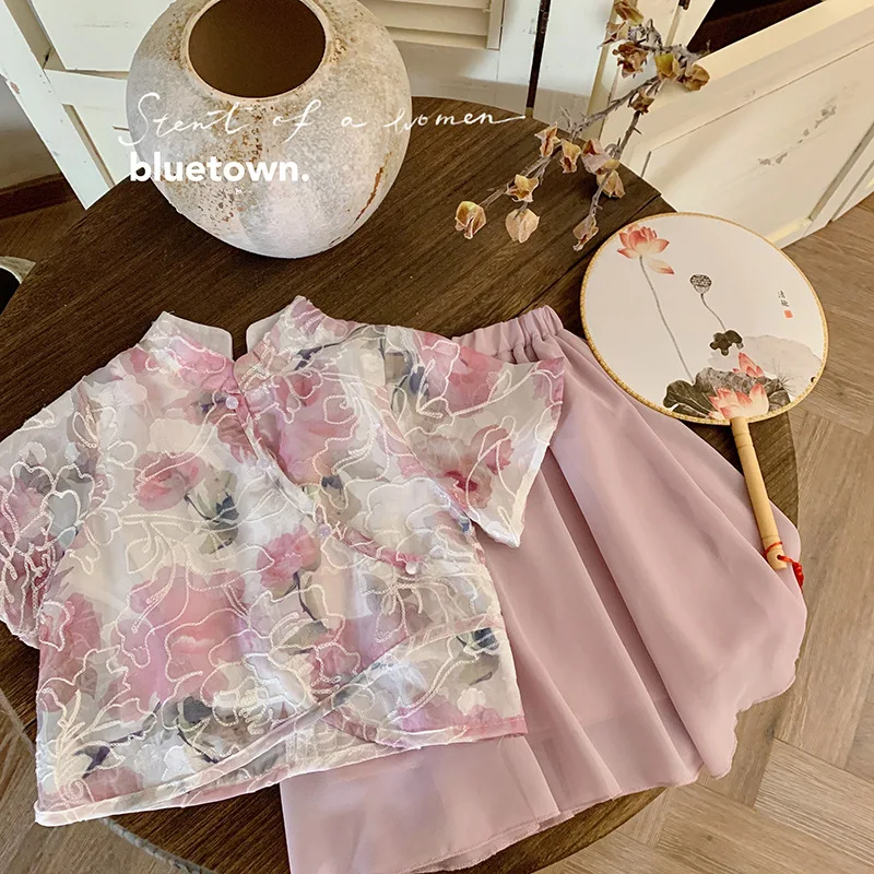 Girls' Improved Cheongsam Suit Summer New Children's Ancient Style Female Treasure Chinese Princess Style Fashion Two-Piece Suit