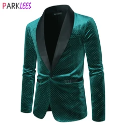 Mens Stylish Green Velvet Dress Blazers Brand Shawl Lapel One Button Shiny Suit Jacket Men Party Dinner Wedding Costume Homme