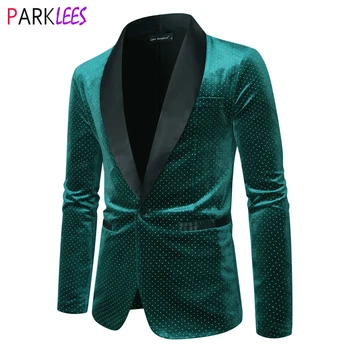 ชุดเดรสผ้ากำมะหยี่สีเขียวมีสไตล์สำหรับผู้ชายเสื้อคลุมผ้าคลุมไหล่มีกระดุมหนึ่งเม็ดสูทแวววาวเสื้อแจ็คเก็ตผู้ชายสำหรับงานเลี้ยงอาหารค่ำงานแต่งงาน