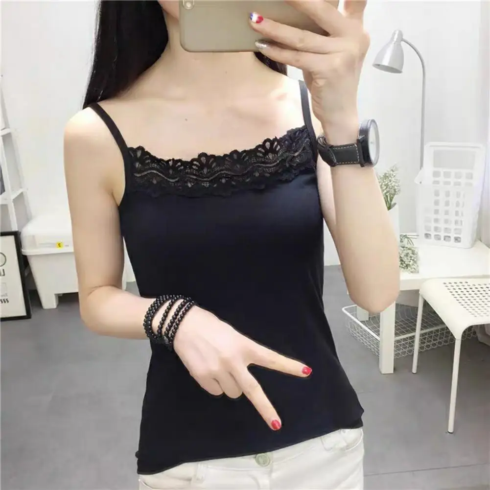 Women Vest Spaghetti Strap Solid Color Square Neck Lace Sleeveless Top Match Pants Soft Pullover Summer Camisole Lady Tank Top