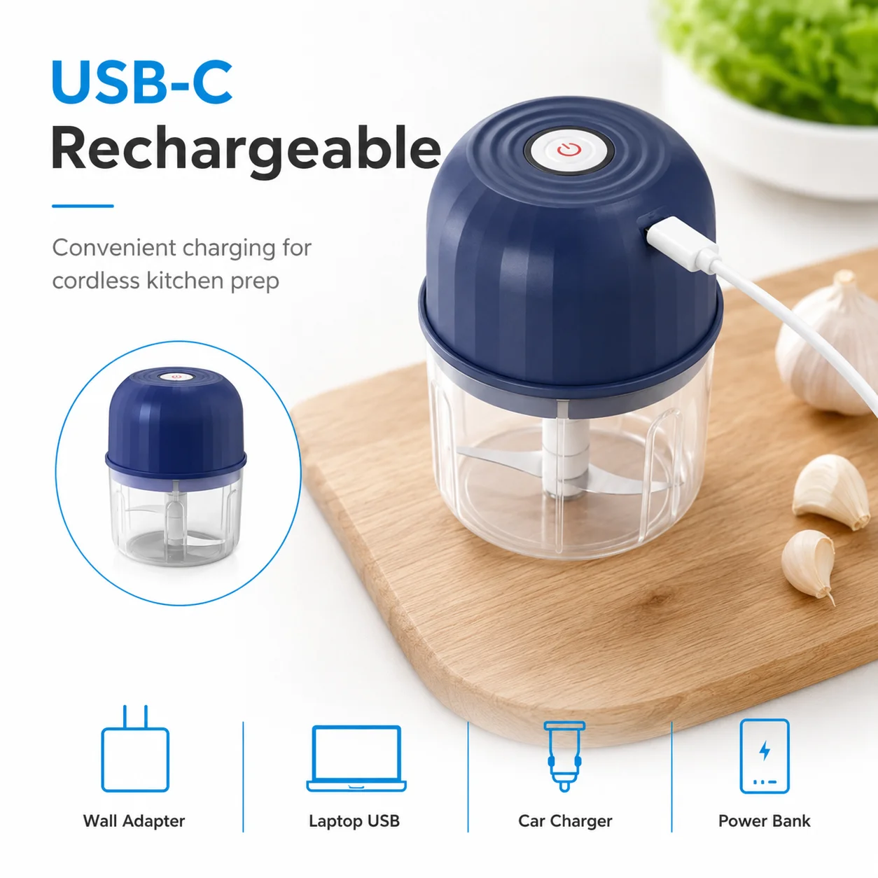 1PC Electric Garlic Chopper Rechargeable Mini Food Processor Portable Vegetable Cutter For Onion Chili Ginger Kitchen Cooking view 2