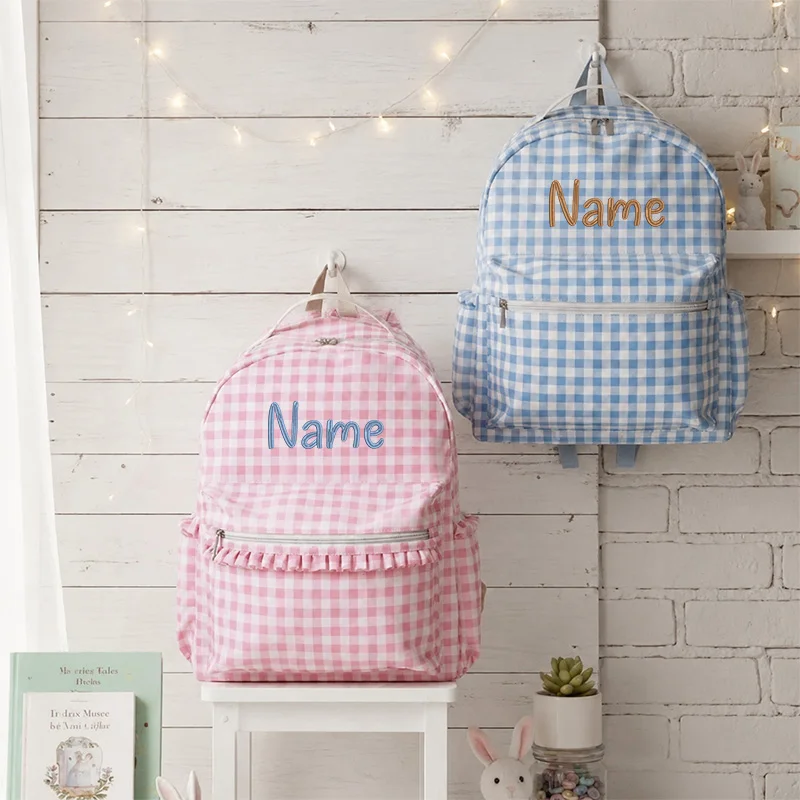 Gingham Backpack Personalized: Custom Name Kids Preschool Kindergarten Bag Large Capacity Backpack Fashion Back-to-School Gift