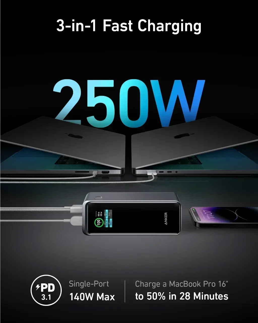 2024 New Prime Power Bank 27650mAh 3-Port 250W Portable Charger (99.54Wh) Spare Battery Portable Power Bank Large Capacity