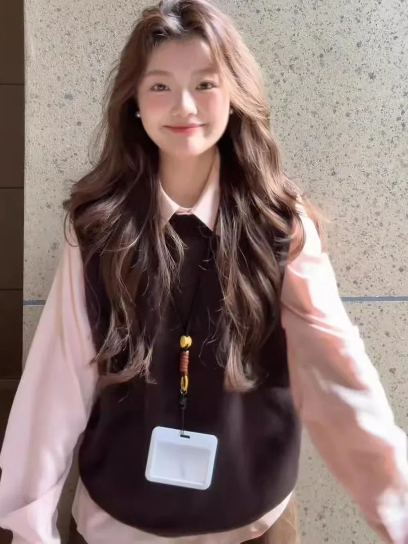 

Женский модный комплект: вязаный жилет больших размеров и топ с отложным воротником в стиле колор-блок, повседневная осенняя одежда в студенческом стиле