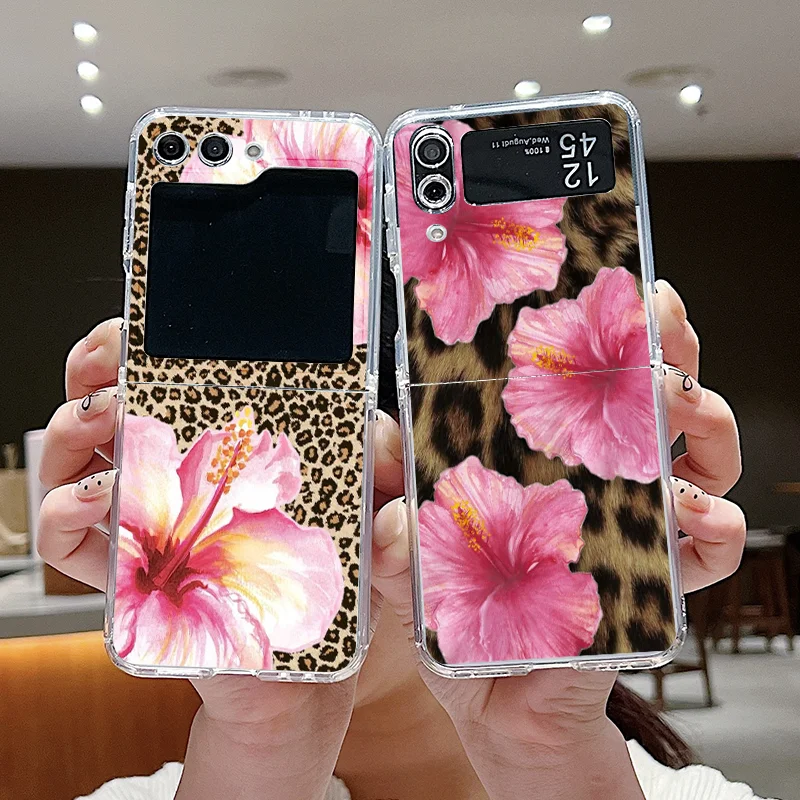 Retro Pink Hibiscus Flower Leopard Print Phone Case for Samsung Galaxy Z Flip 7 Flip6 5 4 3 5G Folding Cover for Z Flip7 Flip 5