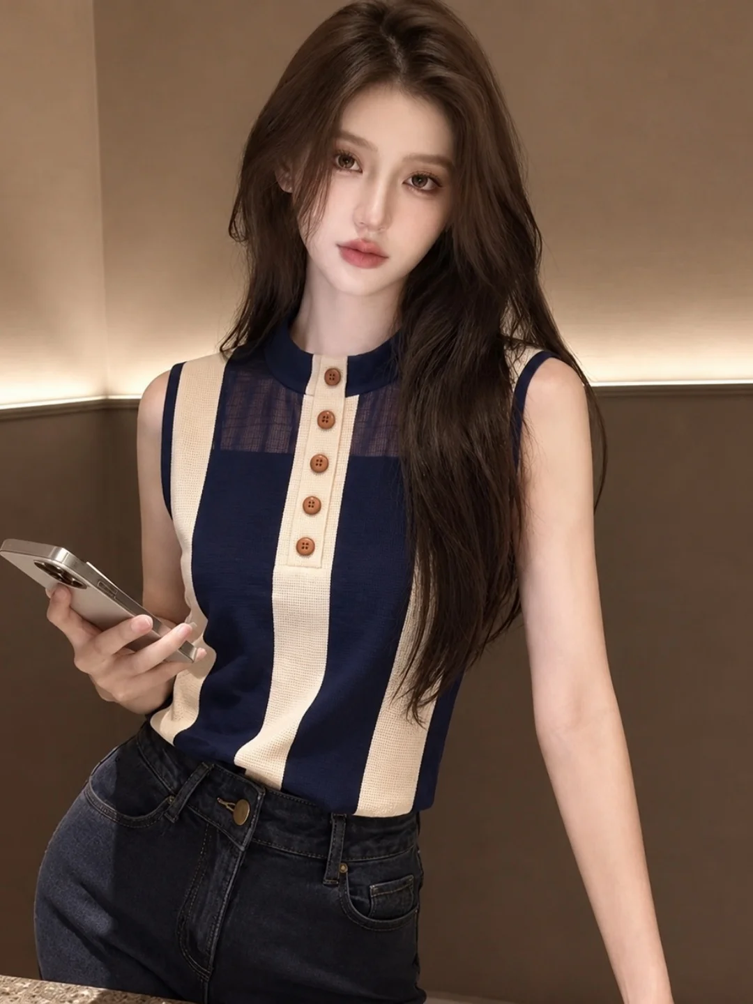 

Comfortable Half Open Collar Vest Sleeveless Lightweight Breathable Color Block Commute Style Summer Fashionable Top