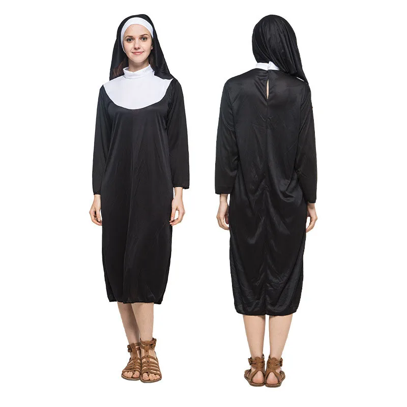 Halloween-Kostüm, Nonnenkostüm für Damen, traditionelle Schwester für Erwachsene, schwarze Robe, religiöse Kostüme, Cosplay, Halloween-Kostüme für Damen