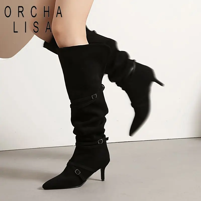 Fashion Suede Women Thigh Boots Pointed Toe 6.5cm Thin Heels Double Wear Sexy Over Knee High Bota Big Size 45 Autumn