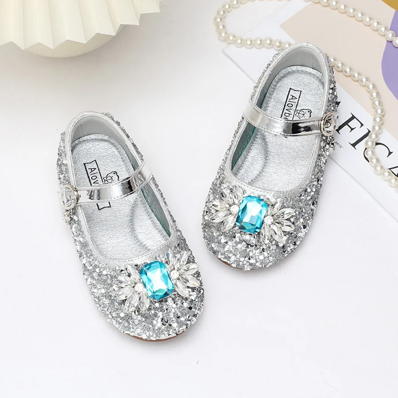 Girls\' Crystal Shoes Elsa Princess Shoes Non-slip Flat Shoes Children\'s Soft-soled Foreign Crystal Shoes in Spring and Autumn